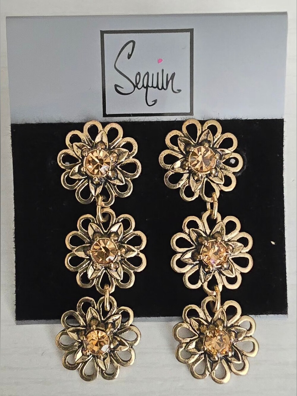 Sequin - Gold Floral Drop Earrings with Amber Stones